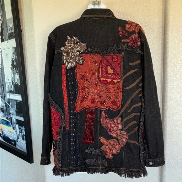 CHICO'S Embellished Denim Jacket, dark brown & red; embroidery, studs, beads. L - Picture 5 of 17